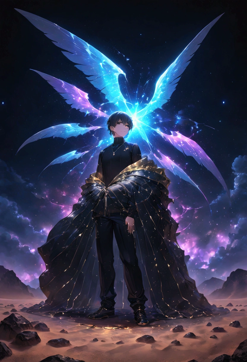 Anime-style illustration, high qualiy, 8k, conceptual artwork, divided into parts, inspired by Makoto Shinkai, clear image, digitalpainting, trends on ArtStation and Pixiv. The scene has a low-angle perspective, showing 1 man and 1 boy in full view, independent versions of the world, separated by a celestial blue energy that shatters the center of the illustration like broken glass, the adult man is a handspan taller, they are positioned near the center of the illustration, back to back, following a line of different visions. The background presents a contrasting scenery between a cloudy sunset sky and a starry night sky, with natural lighting, the ground is contrasting, a desert with sedimentary rocks to the right, a plain full of vegetation to the left, film set. 2 male individuals with identical appearances: red-gold eyes, curly black hair with green bangs that reach the eyes. or adult, a Fallen Angel with an athletic physique, is in an upright pose, with his back slightly arched and his arms at his sides, looking at the sky with an expressionless expression. He wears tight martial arts clothes, made of black fabric with gold lines, designed with an opening in the back to accommodate his large, detailed wings, with stunning dark feathers that reach their feet. He also wears earrings. The boy is small, five years old, a typical Wizard has a lean physique, is in a dynamic pose, with his right arm raised to the sky and fist clenched, while purple and white-azure magic glows intensely around him. Your expression is stern, with eyebrows furrowed in deep concentration. He wears loose clothes for the cold: Black pants with white stripes, gold shirt, black jacket with zipper and a gray sweater, besides a necklace with a blue sapphire. An illusory pentagram arises on the ground near the boy's feet, shining with symbols of light and darkness.