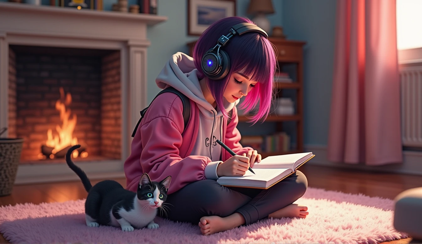 A beautiful young e-girl, wearing headphones and stylish clothing in pink and black, is writing in a notebook. The scene is set in a cozy room with a warm, crackling fireplace. A curious kitten with one eye of each color is sitting nearby, watching intently as she writes. The image should be of high quality, a work of art, and highly detailed, with a 16:9 aspect ratio.