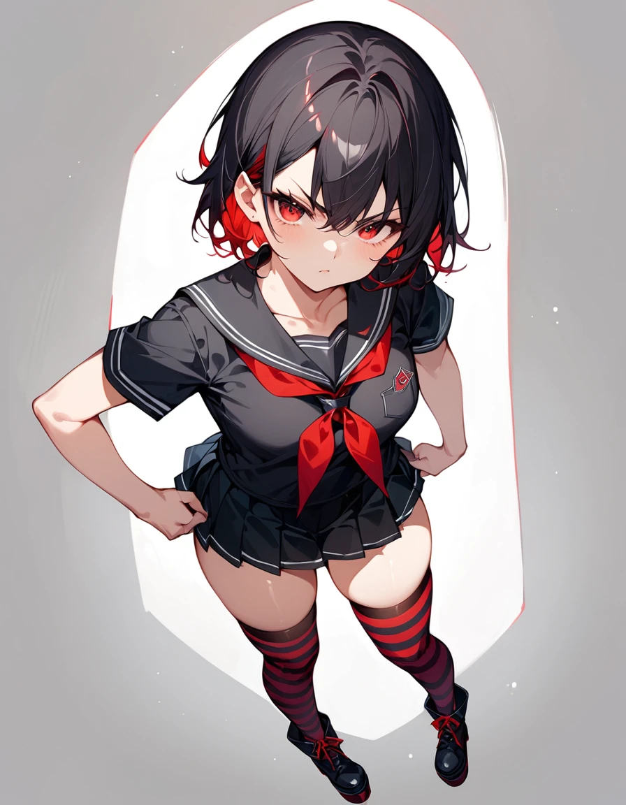 score_9, score_8_up, score_7_up, masterpiece, ultra-detailed, pretty eyes,1Girl, solo, teenager, short, small chest, big hips, glaring, red eyes, thick thighs, short  hair, black hair, red Inner Hair, teenager, wearing (BLACK clothing). BLACK short-sleeve serafuku, red neckerchief, pleated skirt, zettai ryouiki thighhighs, black and red striped thigh-high socks, ankle-length platform boots, no items, no effects. Simple background, White background, full body, from above