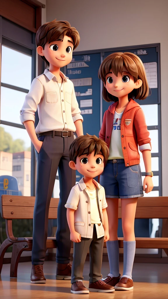 A boy wear attractive clothes smile good figure,Two friends were standing in front of a bench inside the school