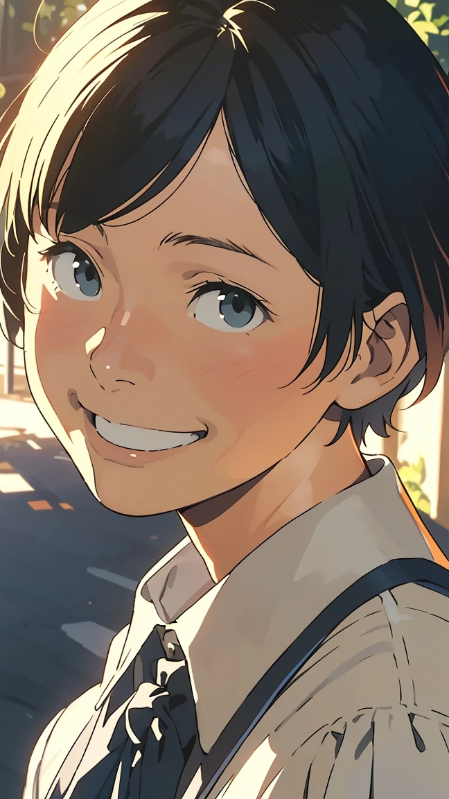 ((Short Hair)) Uniform, 1 boy, 1 person, very beautiful, best quality, great quality, curated, shape, very detailed, anime coloring, very detailed, official art, warm tones, sun flare, soft shadows, vibrant colors, very detailed, official art, facial expression pattern, smiling face,
