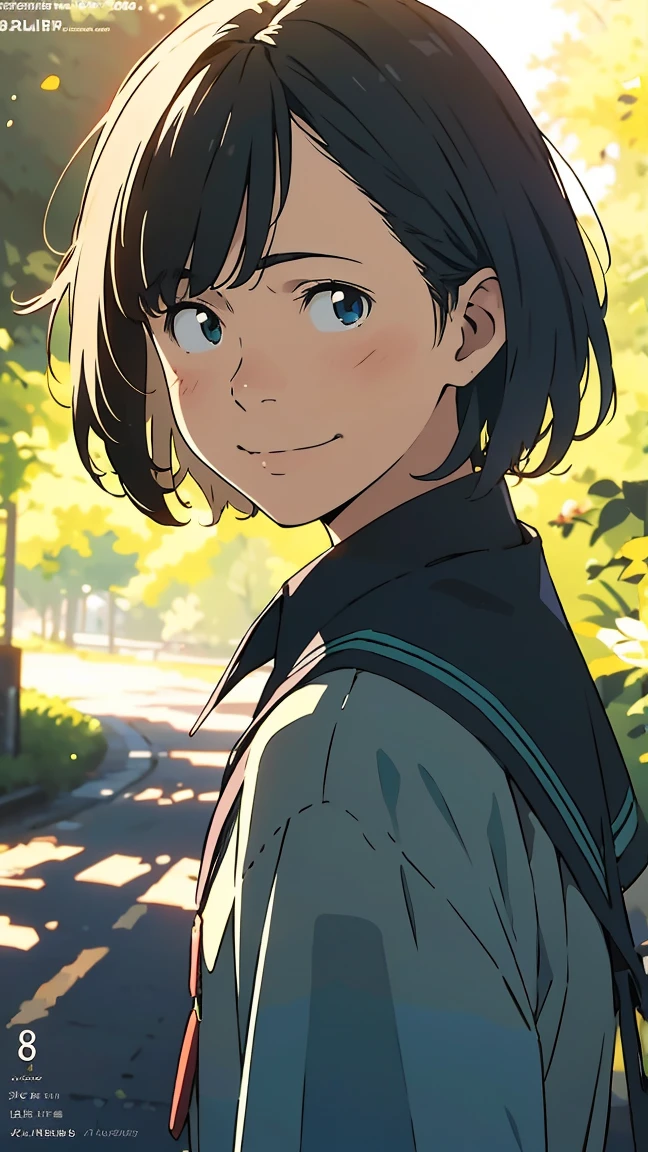 ((Short Hair)) Uniform, 1 boy, 1 person, very beautiful, best quality, great quality, curated, shape, very detailed, anime coloring, very detailed, official art, warm tones, sun flare, soft shadows, vibrant colors, very detailed, official art, facial expression pattern, smiling face,