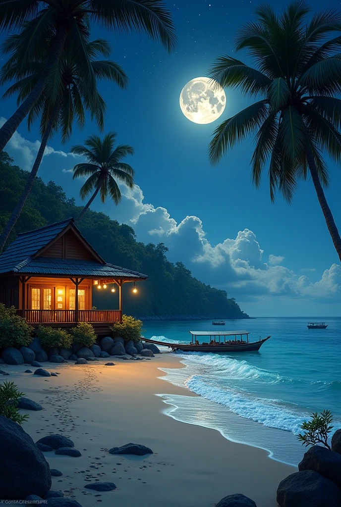 A traditional sea house in front of the large beach with coconut trees, forest and boats by the ocean, (night scenery)