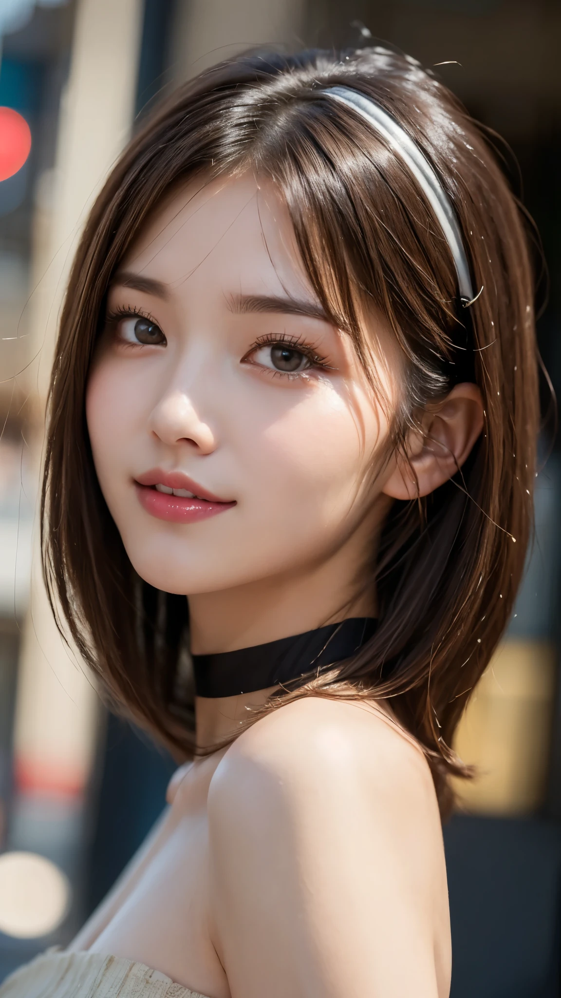 (masterpiece:1.3), (16k, photorealistic, RAW photo, best quality: 1.4),(photo of a beautiful Japanese girl), absurdres, attractive, ultra high resolution, ultra realistic, highly detailed, golden ratio, ultra detailed, super fucking beautiful detailed face, natural makeup, detailed cloth texture, detailed hair texture, beautiful detailed fullbody, Perfect female body, accurate, Anatomically correct, Highly detailed face and skin texture, (beautiful hands), (realistic skin), (beautiful pale skin:1.1), (Perfect dynamic composition, looking at viewer, full body shot), 
BREAK, 
realistic eyes, beautiful detailed eyes, symmetric eyes, Light Brown eyes, Double eyelids, Thin eyebrows, (Glossy lips:1.4), ((A face with waiting for a kiss, Seductive smile:1.2)), (weat skin, blush:1.1), 
BREAK, 
((short hair, bob, Dark blonde hair, bangs:1.2)), (Daytime, Standing on the town:1.3), (Peplum top, Tulip skirt, Choker, Derby hat)