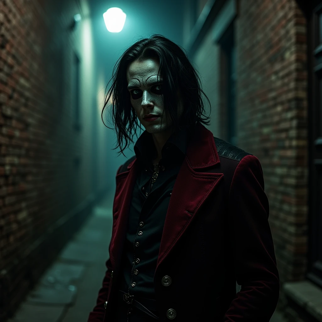 A sexy young male with delicate facial features, black long hair, teal blue eyes, he's wearing a horror mask. Wearing full Gothic clothes. He's wanted a serial killer. (((No facial or body hair))) (Male) (Black and red)