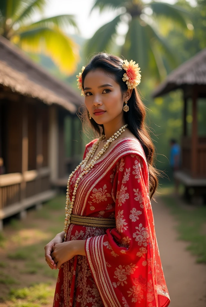 a beautiful woman wearing traditional West Sulawesi clothes, red and white with an Indonesian background