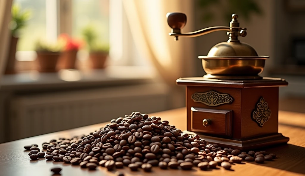 A visually stunning composition：A pile of fresh coffee beans next to a coffee grinder, Capturing the process of grinding coffee beans，Evoking the aroma and anticipation of a freshly brewed cup of coffee.