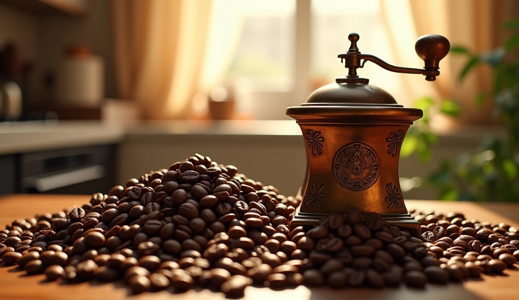 A visually stunning composition：A pile of fresh coffee beans next to a coffee grinder, Capturing the process of grinding coffee beans，Evoking the aroma and anticipation of a freshly brewed cup of coffee.