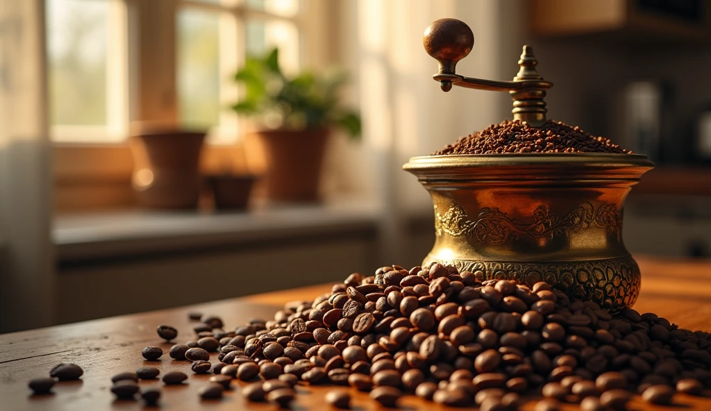 A visually stunning composition:A pile of fresh coffee beans next to a coffee grinder, Capturing the process of grinding coffee beans,Evoking the aroma and anticipation of a freshly brewed cup of coffee.