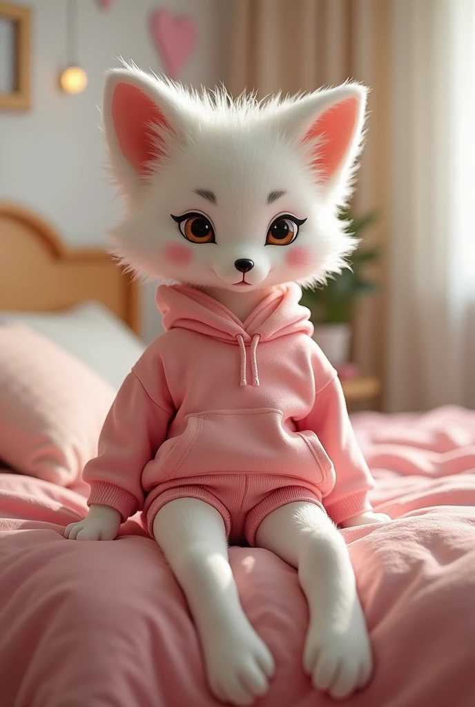 Femboy Fox
Fur color: White
Clothing: Pink large sweater and Tight shorts
Expression or pose: sitting on the bed
background: Bedroom