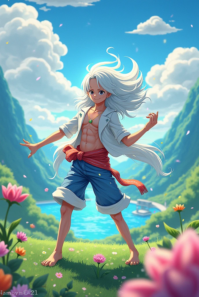 Create an image of Luffy in white Nika form