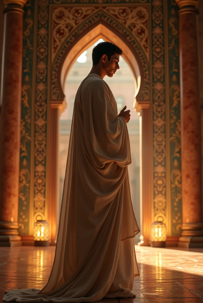 Create a wonderful image,young man is very beautiful ,image is old about 1400 hundred years ago,of  a young man he is wearing full arab dress and he is standing a beautiful room and pray  to allah