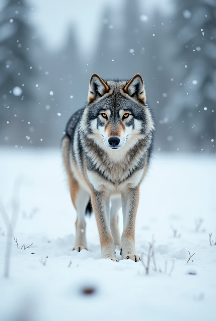 A gray wolf,Standing on the ice field,ready to catch rabbits,cute style,In the snowy landscape,Waiting for an opportunity,Catching wild rabbits