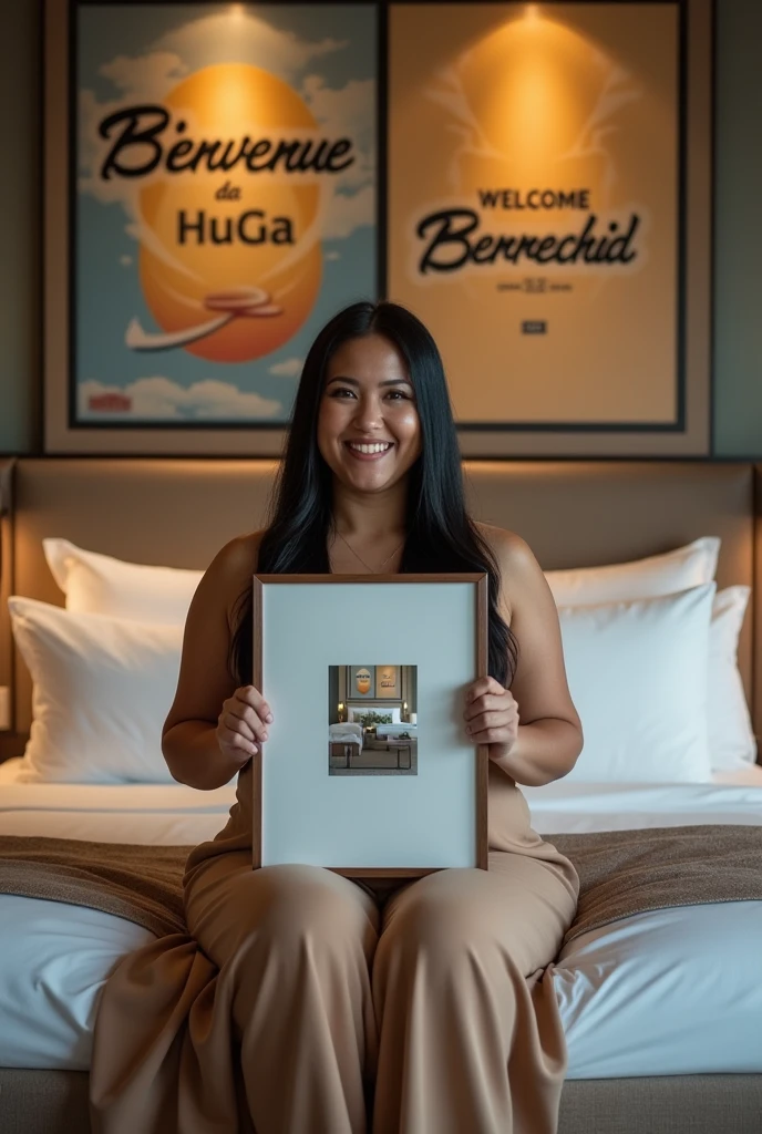 Une femme brune. Les cheveux raides, écartés ou assez écartés du cou, pas longs, de couleurs noirs. Une femme un peu volumineuse par sa forme physique. Assise dans une grande chambre d'hôtel, sur un lit de l'hôtel, souriante, la tête droite, le regard droit fixé vers l'avant, portant dans ses mains une grande photo qu'elle montre bien vers l'avant de sorte que la photo qu'elle montre soit un peu décollée de sa poitrine et derrière elle, accroché sur le mur, un tableau avec 2 écritures sur le tableau. L'une qui dit en langue arabe : Bienvenue à Berrechid et la deuxième en langue française qui dit : Bienvenue à Berrechid.