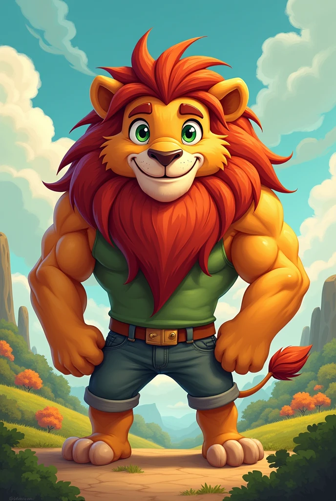 a character, A male with green eyes, that he is tall-busted, somewhat broad, young, 24 years old and not human, who embodies both kindness and power, that it has a lot of hair on the back of its neck and part of its chest
In a cartoon style
That it is not furry