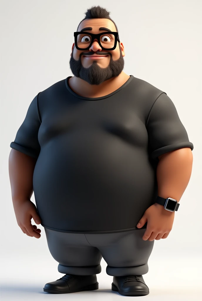 Create a full-body stylized 3D cartoon character of a middle-aged black man with a slightly overweight build. Render the character in a 'Pixar-like' or '3D Cartoon' style using 'Arnold Maya' or 'Keyshot Toon' engines for high-quality animation. Ensure the rendering includes detailed textures, detailed skin, a clay-like finish, and bokeh effects at 8K resolution (or the highest available). Use cinematic lighting with soft, diffused light to enhance skin details, and set the focus to be sharp, with the character fully in focus, and apply bokeh effects if there's any background (which should be transparent). Position the camera at a frontal angle to capture the character's face and full body. The character should have a friendly expression but without a smile, very short straight hair without a topknot, a trimmed and sparse beard with white hairs on the chin, two prominent vertical wrinkles on the forehead between the eyebrows, and a dark brown skin tone with a warm undertone. He should be equipped with modern black reading glasses, an oversized black t-shirt, dark gray pants without a belt, and a black smartwatch on his wrist.