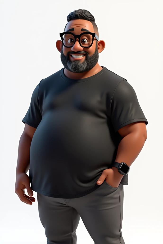 Create a full-body stylized 3D cartoon character of a middle-aged black man with a slightly overweight build. Render the character in a 'Pixar-like' or '3D Cartoon' style using 'Arnold Maya' or 'Keyshot Toon' engines for high-quality animation. Ensure the rendering includes detailed textures, detailed skin, a clay-like finish, and bokeh effects at 8K resolution (or the highest available). Use cinematic lighting with soft, diffused light to enhance skin details, and set the focus to be sharp, with the character fully in focus, and apply bokeh effects if there's any background (which should be transparent). Position the camera at a frontal angle to capture the character's face and full body. The character should have a friendly expression but without a smile, very short straight hair without a topknot, a trimmed and sparse beard with white hairs on the chin, two prominent vertical wrinkles on the forehead between the eyebrows, and a dark brown skin tone with a warm undertone. He should be equipped with modern black reading glasses, an oversized black t-shirt, dark gray pants without a belt, and a black smartwatch on his wrist.