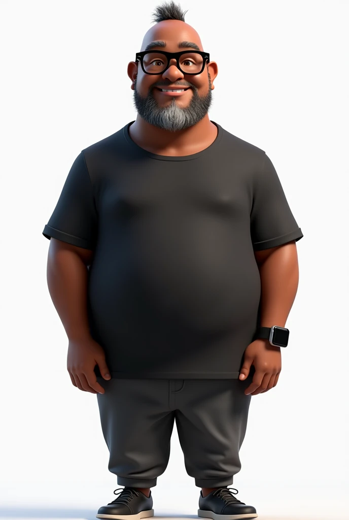 Create a full-body stylized 3D cartoon character of a middle-aged black man with a slightly overweight build. Render the character in a 'Pixar-like' or '3D Cartoon' style using 'Arnold Maya' or 'Keyshot Toon' engines for high-quality animation. Ensure the rendering includes detailed textures, detailed skin, a clay-like finish, and bokeh effects at 8K resolution (or the highest available). Use cinematic lighting with soft, diffused light to enhance skin details, and set the focus to be sharp, with the character fully in focus, and apply bokeh effects if there's any background (which should be transparent). Position the camera at a frontal angle to capture the character's face and full body. The character should have a friendly expression but without a smile, very short straight hair without a topknot, a trimmed and sparse beard with white hairs on the chin, two prominent vertical wrinkles on the forehead between the eyebrows, and a dark brown skin tone with a warm undertone. He should be equipped with modern black reading glasses, an oversized black t-shirt, dark gray pants without a belt, and a black smartwatch on his wrist.