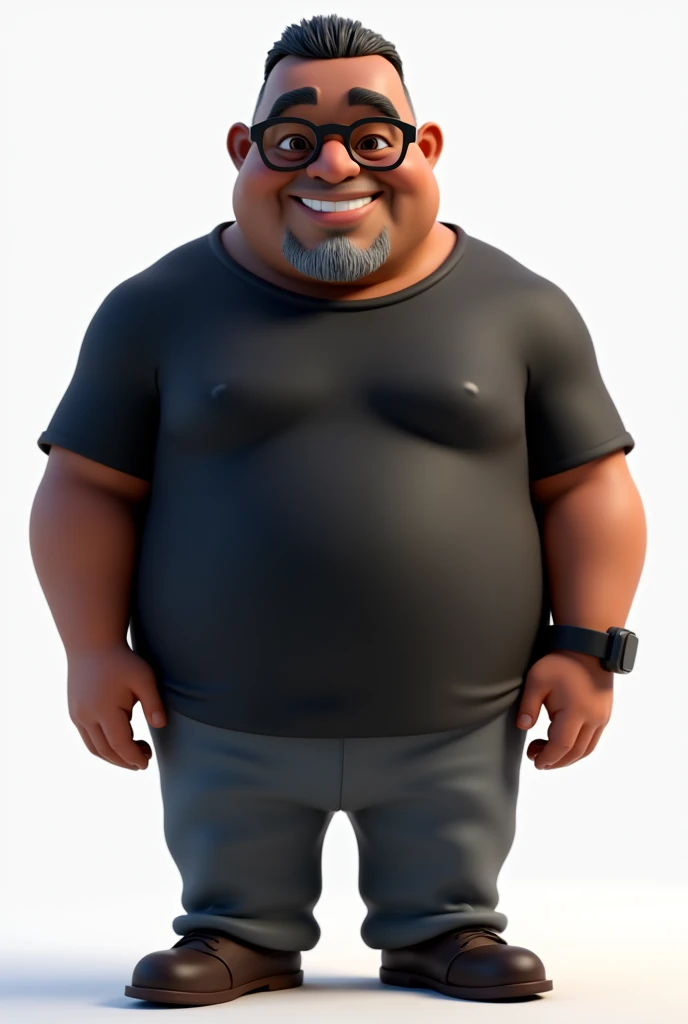 Create a full-body stylized 3D cartoon character of a middle-aged black man with a slightly overweight build. Render the character in a 'Pixar-like' or '3D Cartoon' style using 'Arnold Maya' or 'Keyshot Toon' engines for high-quality animation. Ensure the rendering includes detailed textures, detailed skin, a clay-like finish, and bokeh effects at 8K resolution (or the highest available). Use cinematic lighting with soft, diffused light to enhance skin details, and set the focus to be sharp, with the character fully in focus, and apply bokeh effects if there's any background (which should be transparent). Position the camera at a frontal angle to capture the character's face and full body. The character should have a friendly expression but without a smile, very short straight hair without a topknot, a trimmed and sparse beard with white hairs on the chin, two prominent vertical wrinkles on the forehead between the eyebrows, and a dark brown skin tone with a warm undertone. He should be equipped with modern black reading glasses, an oversized black t-shirt, dark gray pants without a belt, and a black smartwatch on his wrist.