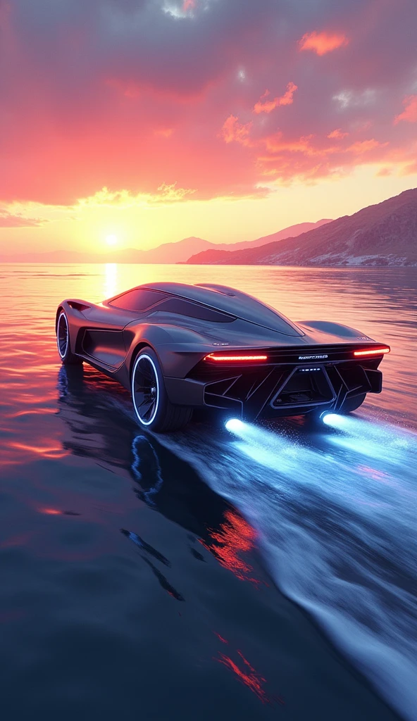 realistic painting, anime, sci-fi car, sci-fi, futuristic fast car, high-tech, floating over water like a hovercraft, high-tech, Dynamic action shots, photorealistic shot, wide angle