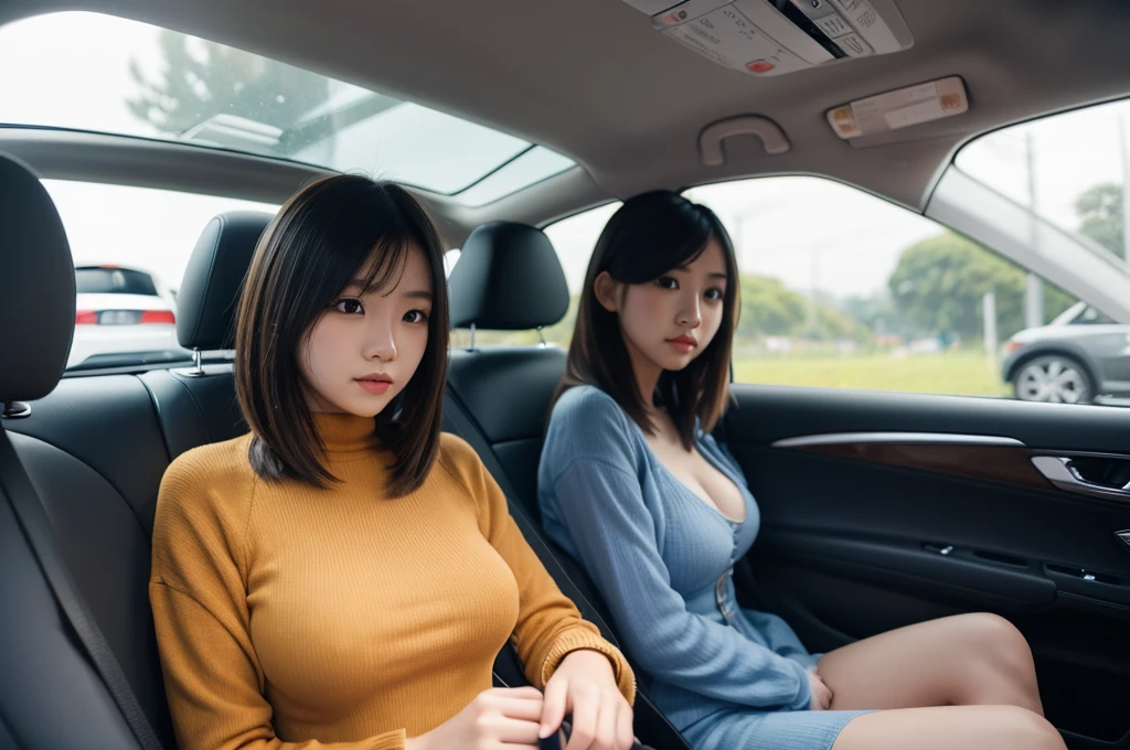 Indonesian girl 19-year-old Hairstyle fashion  Casual, F Cup Breasts wearing crewneck dress in car and driving the car with her friend