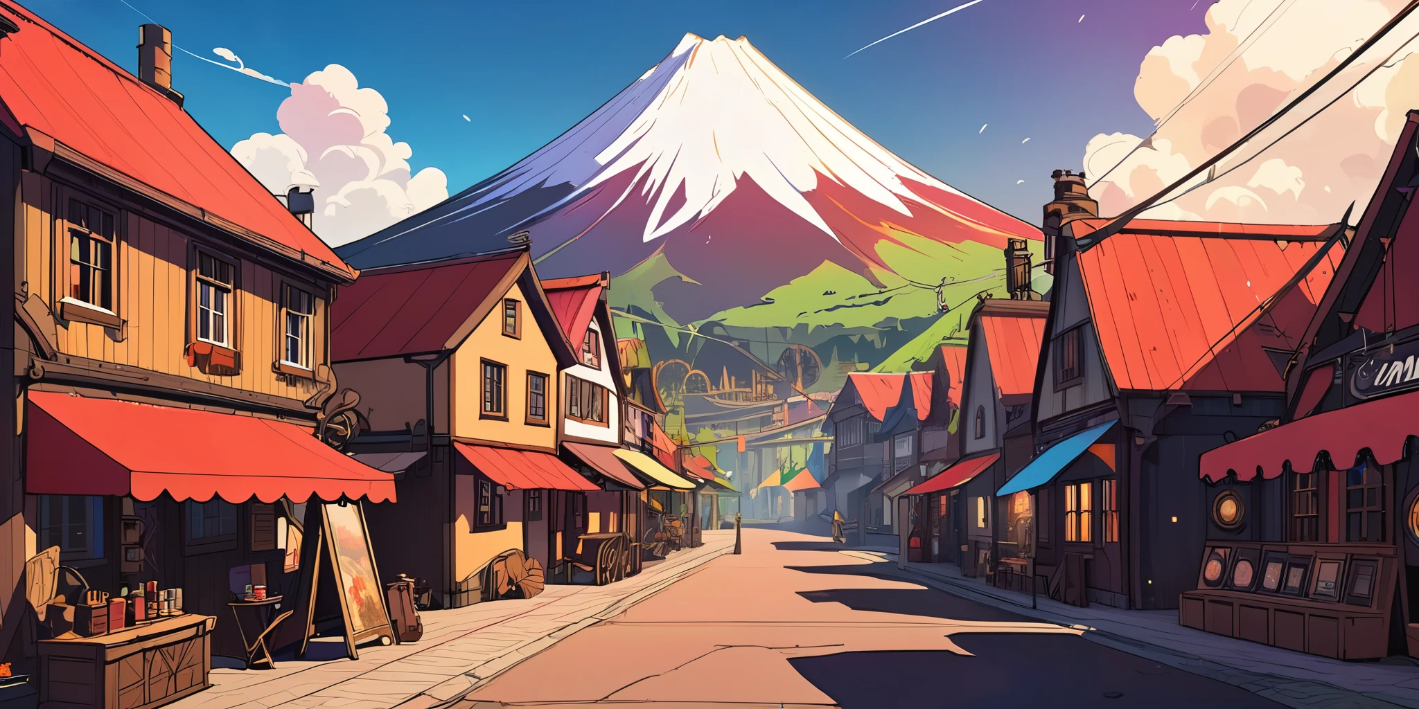 Draw a lofi anime poster, village, volcan, Steampunk Decoration, faire, lumière, a beautiful color palette in black red, couleurs saturées vibrantes, ouvrages d'art, days, animated theme