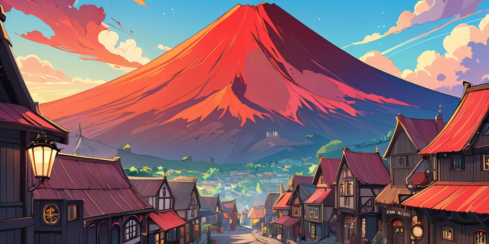 Draw a lofi anime poster, village, volcan, Steampunk Decoration, faire, lumière, a beautiful color palette in black red, couleurs saturées vibrantes, ouvrages d'art, days, animated theme