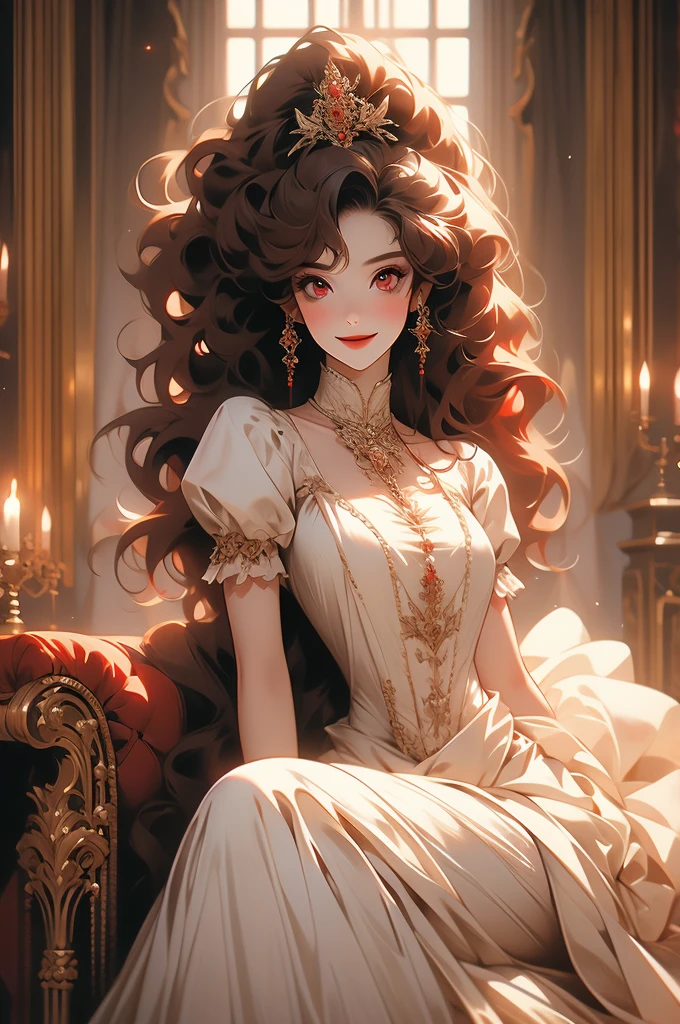 1girl, red curly hair, kneeling before user, vampire, opulent dress, red eyes, smiling, victorian style room