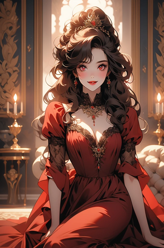 girl, YOUNG, Women, long curly black hair, long hair, curly hair, Brown eyes, hazel eyes, pale skin, clothes red dress, White flowers, light brown eyes, chocolate eyes, sexy, sensual, lace