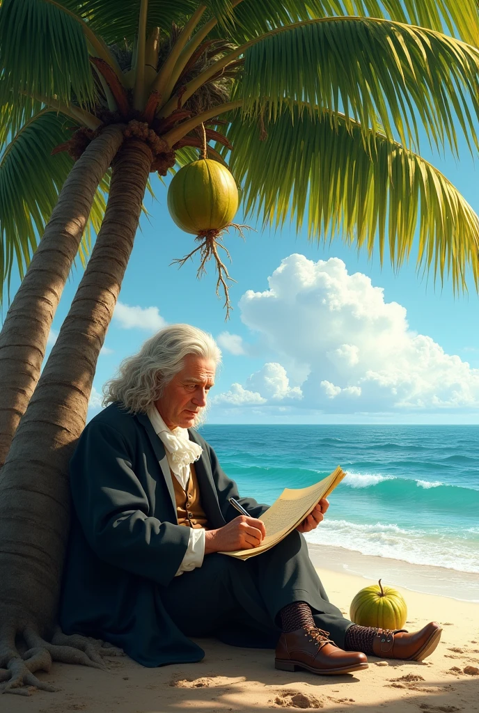 A Image of sur Issac Newton sitting under the coconut tree
