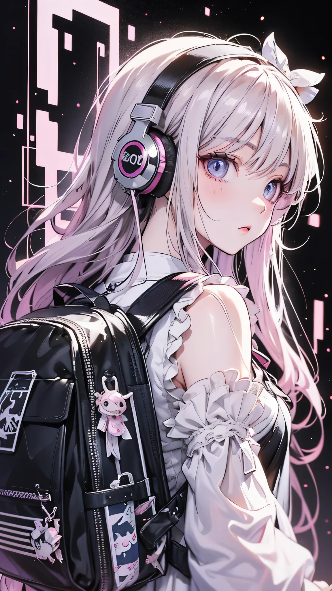 Anime character with headphones and backpack looking at cell phone, Anime Style 4 k, (Very delicate and beautiful face), (Beautiful eyes in every detail), Digital anime art, Nightcore, Digital anime illustration, Anime Styled digital art, anime art wallpaper 4k, anime art wallpaper 4k, Anime art style, Anime digital art, Anime Style artwork, Anime Style. 8k, detailed Digital anime art