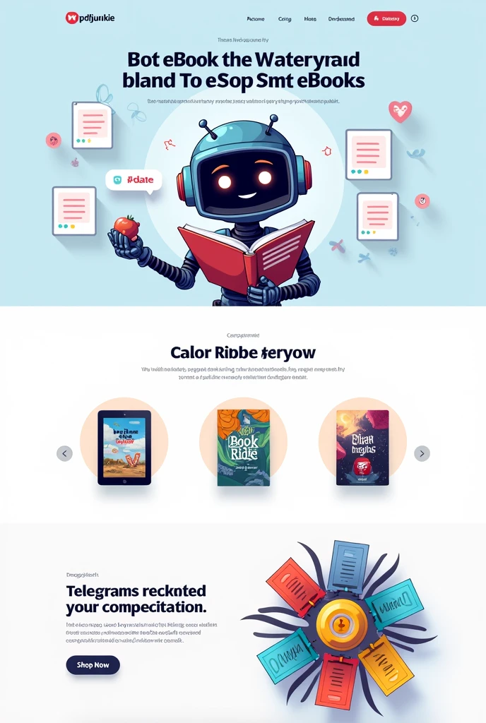 Generate a web landing page for a telegram bot for selling ebooks and write "pdfjunkie.com" on it and it Must be 640x360.