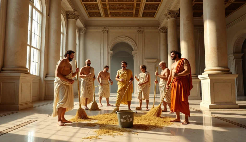  A group of Ancient Greeks with exaggerated expressions and humorously oversized mops made of gold-colored strands, cleaning a marble floor with buckets labeled "100% Pure Urine." The Greeks are smiling as if this is a normal activity, with an air of absurdity. The setting is a grand hall with classical architecture. The text "Golden Mop" is prominently displayed, adding to the humor.