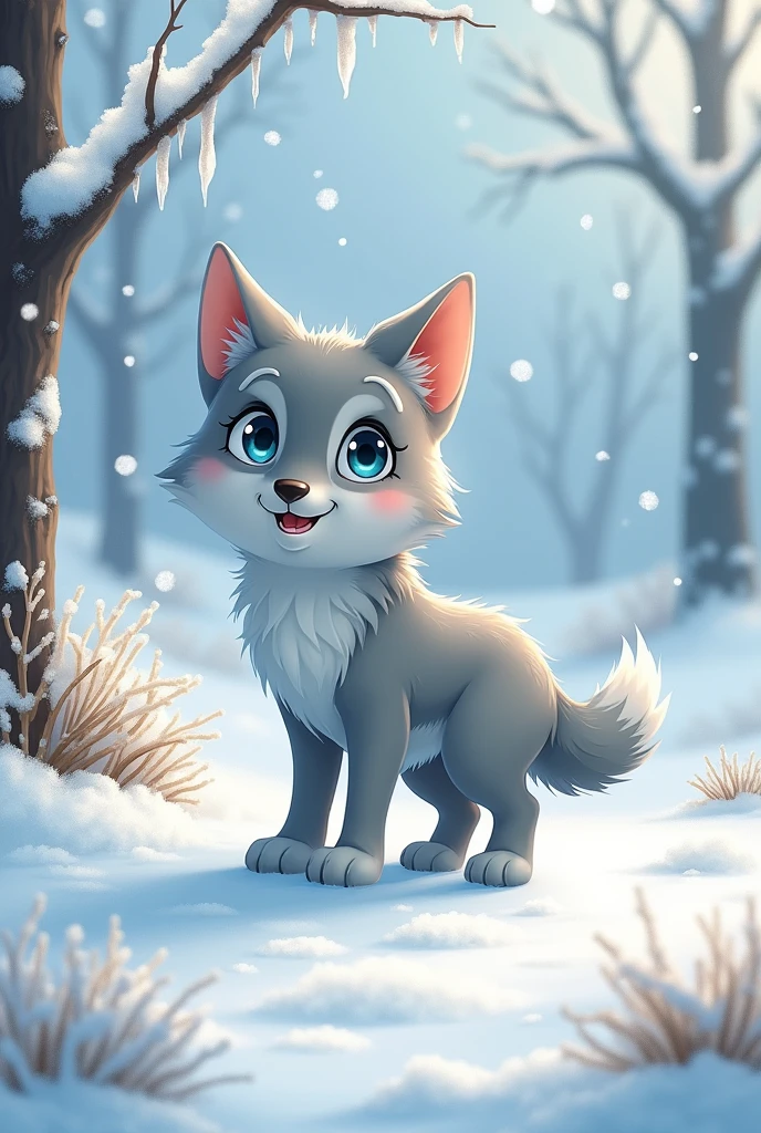 A gray wolf,cute style的狼,standing on the ice field,ready to catch rabbits,cute style,In the snowy landscape,Waiting for an opportunity,Catching wild rabbits