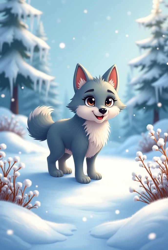 A gray wolf,cute style的狼,standing on the ice field,ready to catch rabbits,cute style,In the snowy landscape,Waiting for an opportunity,Catching wild rabbits