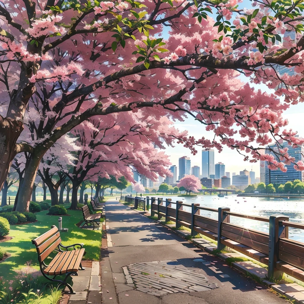 A bench stands under the tree, city of spring season, beautiful anime scenery, Cherry blossom trees, beautiful anime scene, beautiful cityscape, Sakura trees, anime beautiful world scene, lush Sakura trees, Cherry forest, perfect Spring Day with, City park with flowers, beautiful city, landscape wallpaper aesthetic, Cherry blossom season, Spring Day, landscape wallpaper