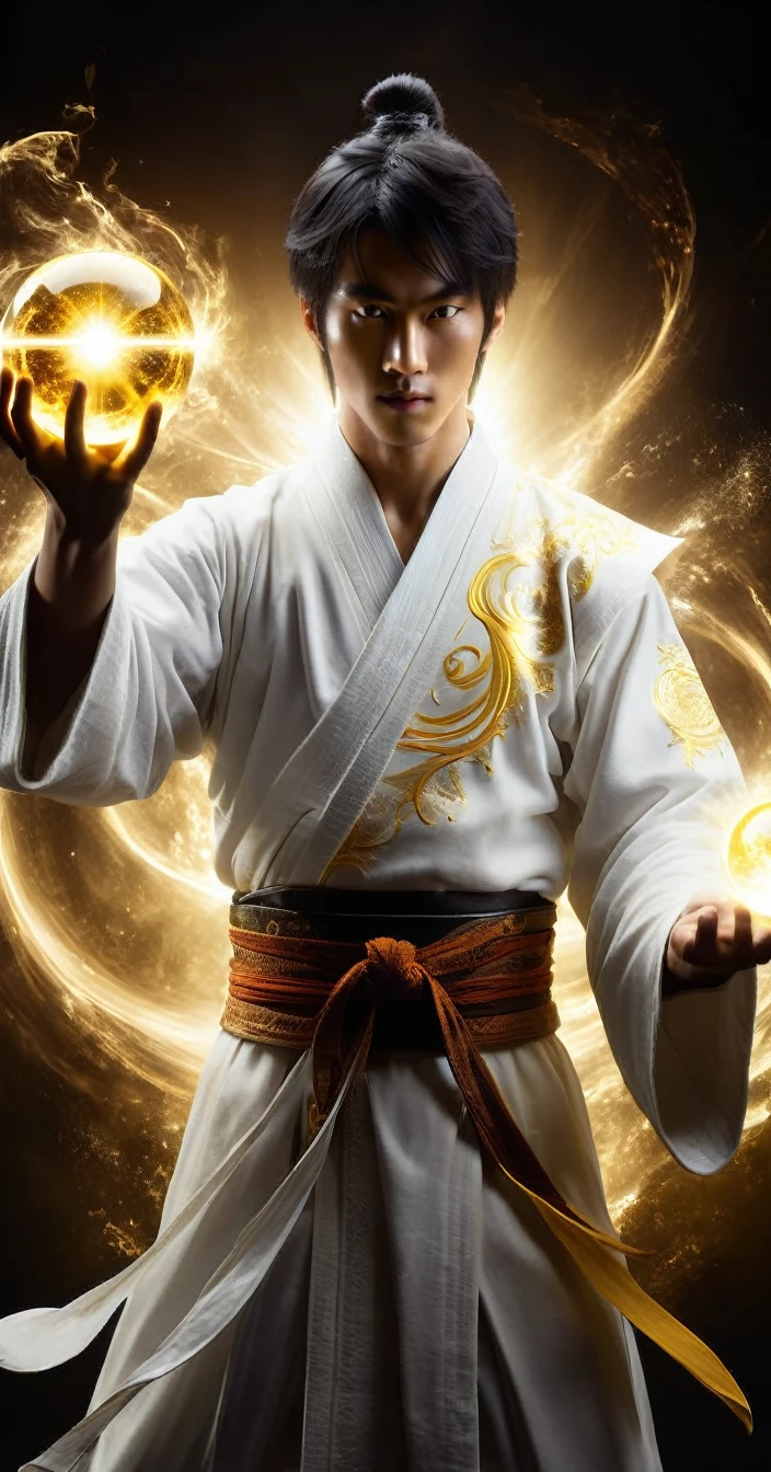 Wabstyle martial arts style, A man in a white robe、Extremely handsome young man using magical powers, Holding a glowing yellow magic ball in his hand, Visual effects, Glowing energy liquid, Special effect, Glowing energy effect, Very detailed, 32k UHD, best quality, The left half of the masterpiece radiates a pure holy light, While the right half is shrouded in demonic shadows