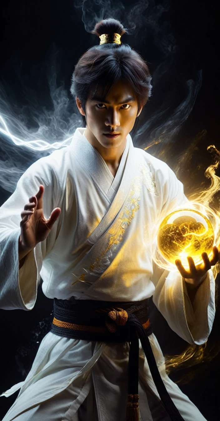 Wabstyle martial arts style, A man in a white robe、Extremely handsome young man using magical powers, Holding a glowing yellow magic ball in his hand, Visual effects, Glowing energy liquid, Special effect, Glowing energy effect, Very detailed, 32k UHD, best quality, The left half of the masterpiece radiates a pure holy light, While the right half is shrouded in demonic shadows