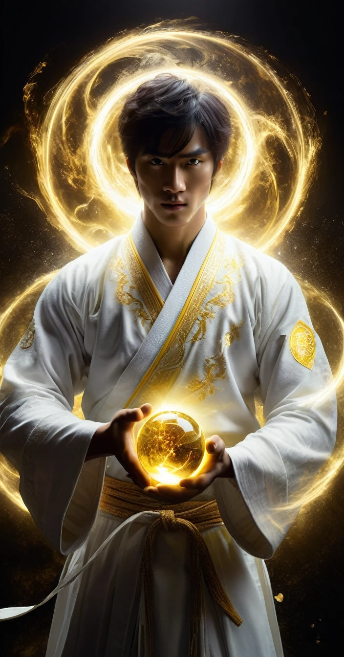 Wabstyle martial arts style, A man in a white robe、Extremely handsome young man using magical powers, Holding a glowing yellow magic ball in his hand, Visual effects, Glowing energy liquid, Special effect, Glowing energy effect, Very detailed, 32k UHD, best quality, The left half of the masterpiece radiates a pure holy light, While the right half is shrouded in demonic shadows