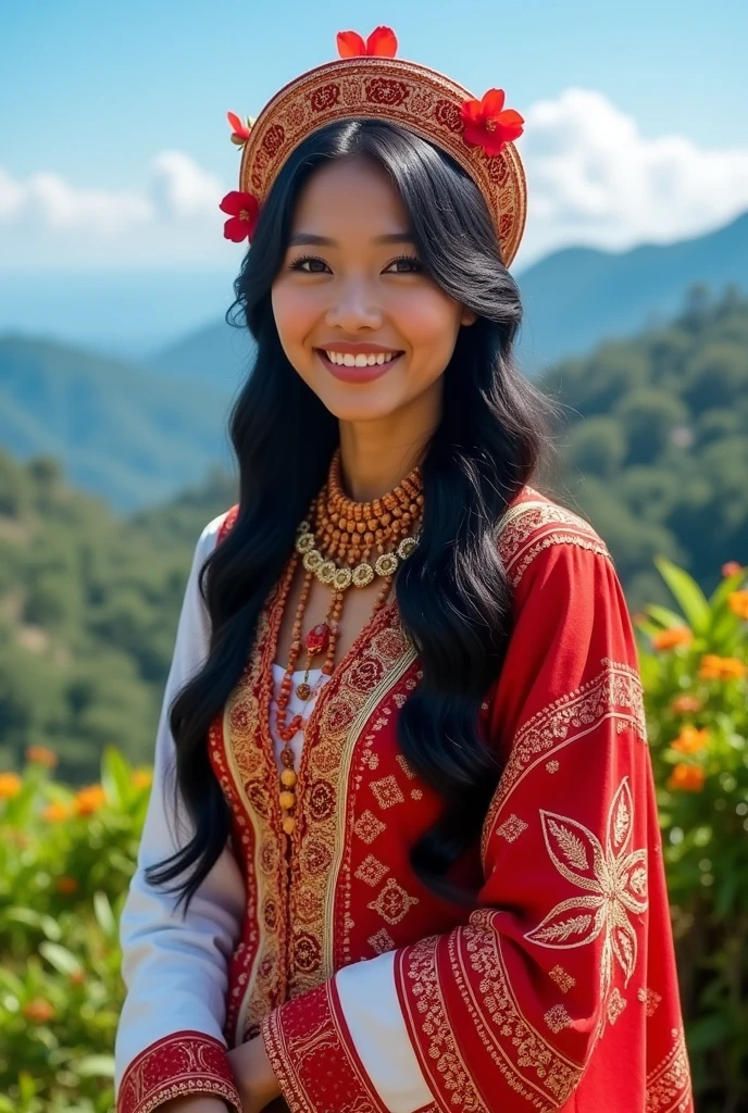 a beautiful woman wearing traditional Sulawesi clothes, red and white with an Indonesian background