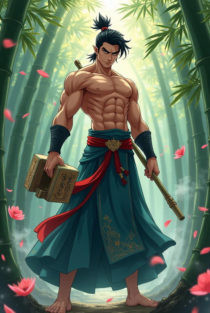 Anime male with bamboo carrying a hammer named Hao Tian
