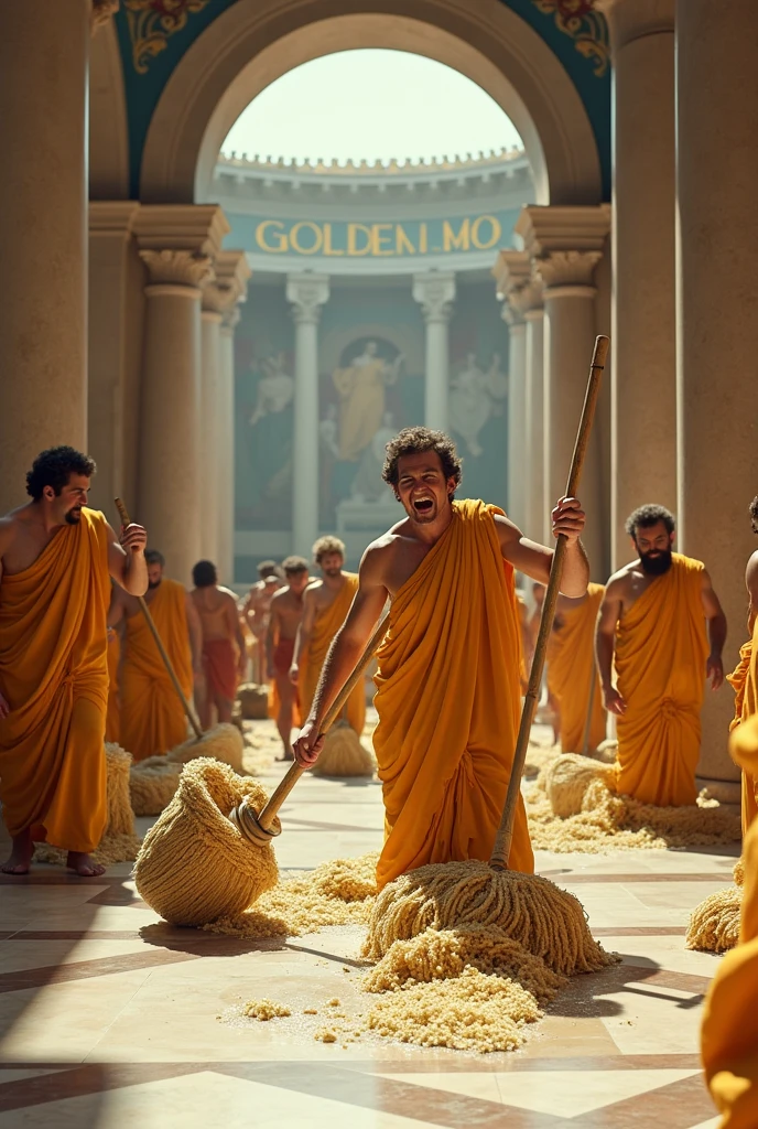 A group of Ancient Greeks with exaggerated expressions and humorously oversized mops made of gold-colored strands, cleaning a marble floor with buckets labeled "100% Pure Urine." The Greeks are smiling as if this is a normal activity, with an air of absurdity. The setting is a grand hall with classical architecture. The text "Golden Mop" is prominently displayed, adding to the humor.