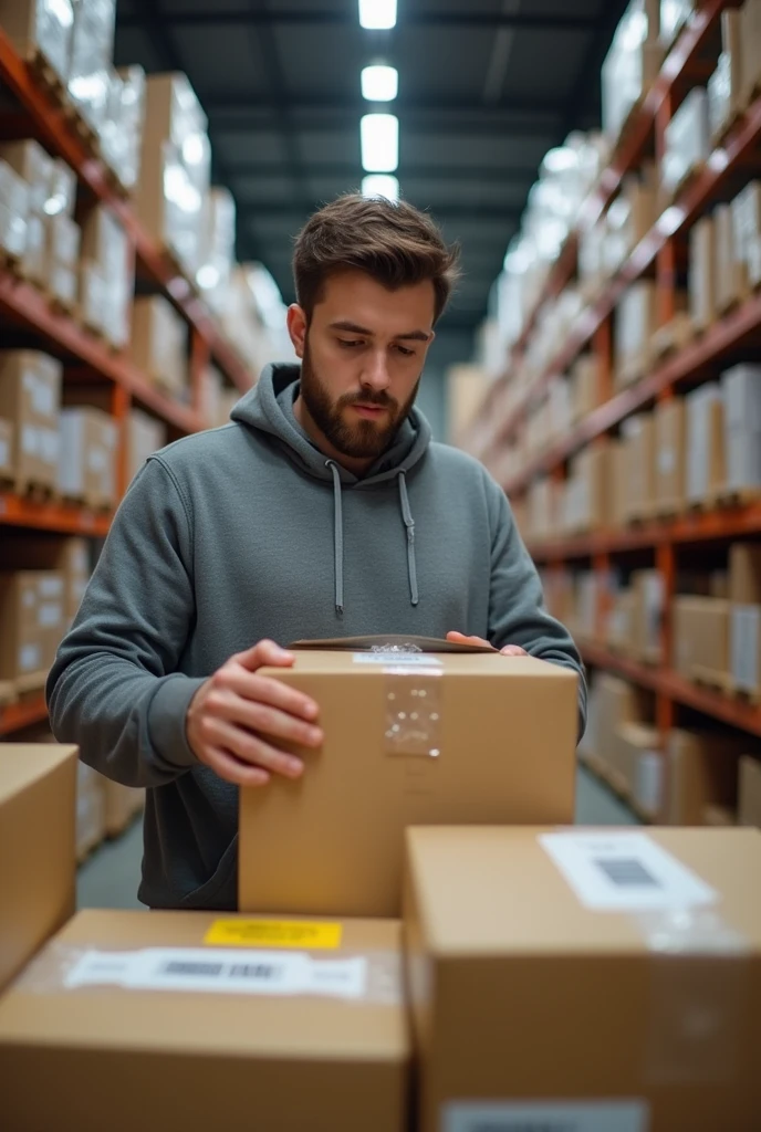 Man packing the orders which is received from e-commerce platform