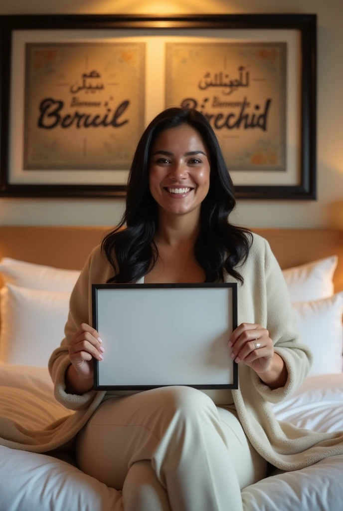 Une femme brune. Les cheveux raides, écartés ou assez écartés du cou, pas longs, de couleurs noirs. Une femme un peu volumineuse par sa forme physique. Assise dans une grande chambre d'hôtel, sur un lit de l'hôtel, souriante, la tête droite, le regard droit fixé vers l'avant, portant dans ses mains une grande photo qu'elle montre bien vers l'avant de sorte que la photo qu'elle montre soit un peu décollée de sa poitrine et derrière elle, accroché sur le mur, un tableau avec 2 écritures sur le tableau. L'une qui dit en langue arabe : Bienvenue à Berrechid et la deuxième en langue française qui dit : Bienvenue à Berrechid.