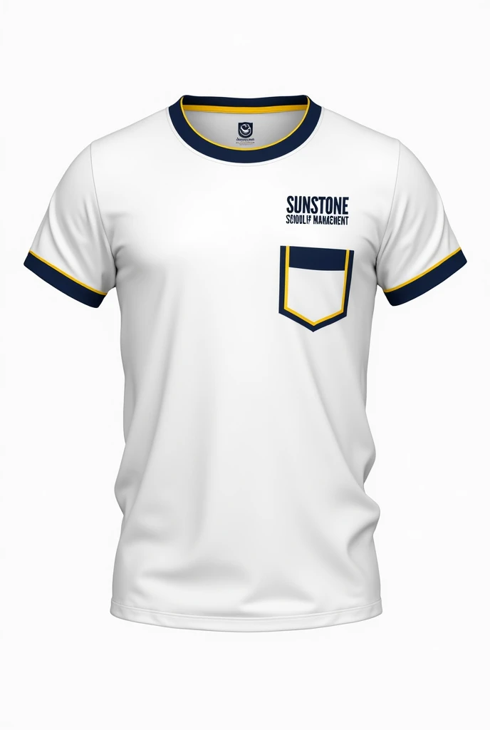 Iam going to participate in Tshirt making competition
This tshirt made for MBA students
Tshirt design rules
The tshirt should be must in white colour
And the piping and collar must be in dark blue and yellow piping
Make a tshirt with collar
On the left side corner above pocket the name should be printed like this SUNSTONE school of management