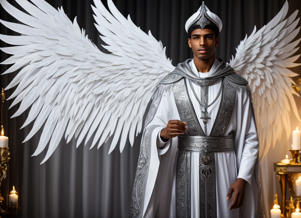 ((Best quality)), HD 4K, Seraphin angel, Angel with six wings, white wings, silver eyes for wings, six wings, silver clothes, appearance of a young man with dark skin, young man from the Middle East, beardless, white and silver papal robes, Wings on the papal hat, Metatron's Cube in the background, a silver city full of angels