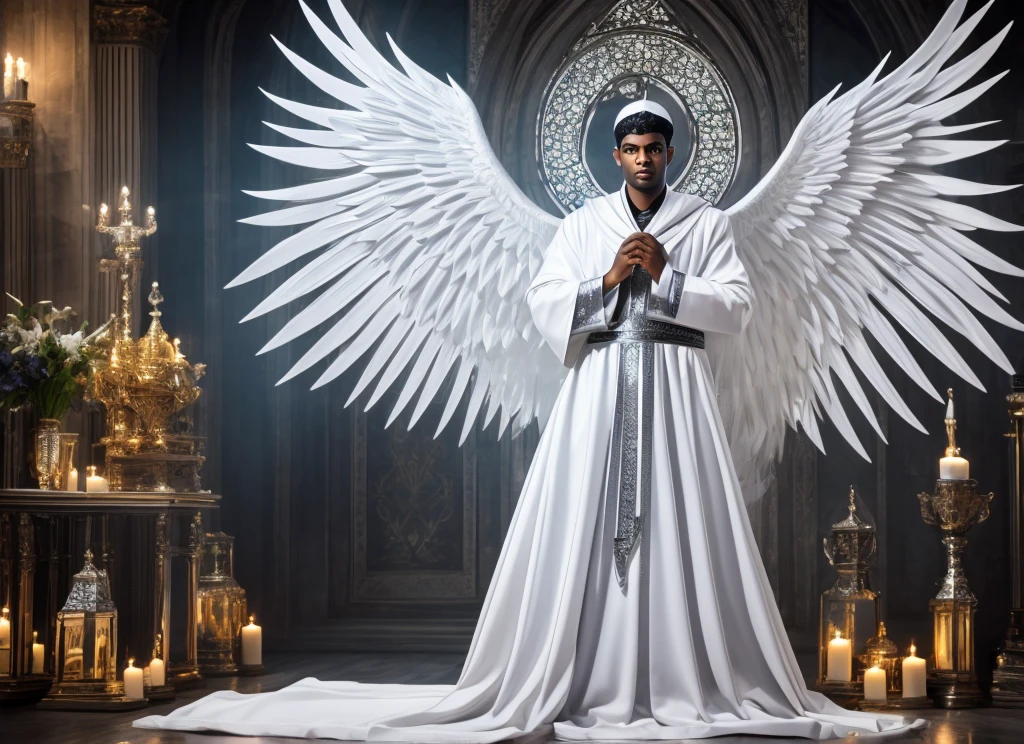 ((Best quality)), HD 4K, Seraphin angel, Angel with six wings, white wings, silver eyes for wings, six wings, silver clothes, appearance of a young man with dark skin, young man from the Middle East, beardless, white and silver papal robes, Wings on the papal hat, Metatron's Cube in the background, a silver city full of angels