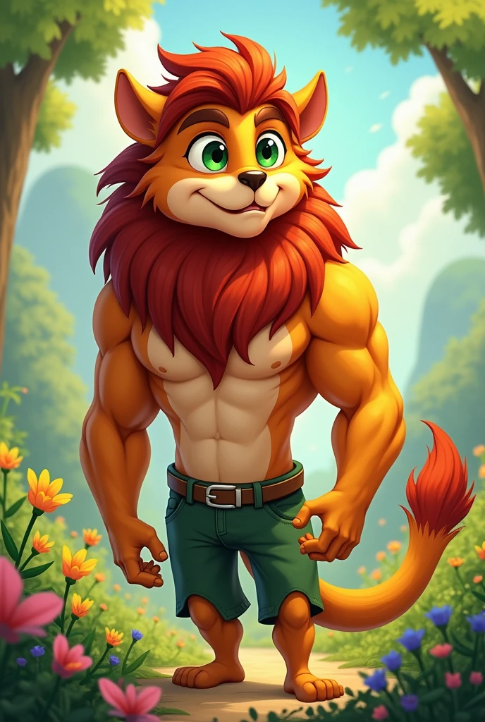 a character, A male with green eyes, that he is tall-busted, somewhat broad, young, 24 years old and not human, who embodies both kindness and power, that it has a lot of hair on the back of its neck and part of its chest
In a cartoon style
That it is not furry