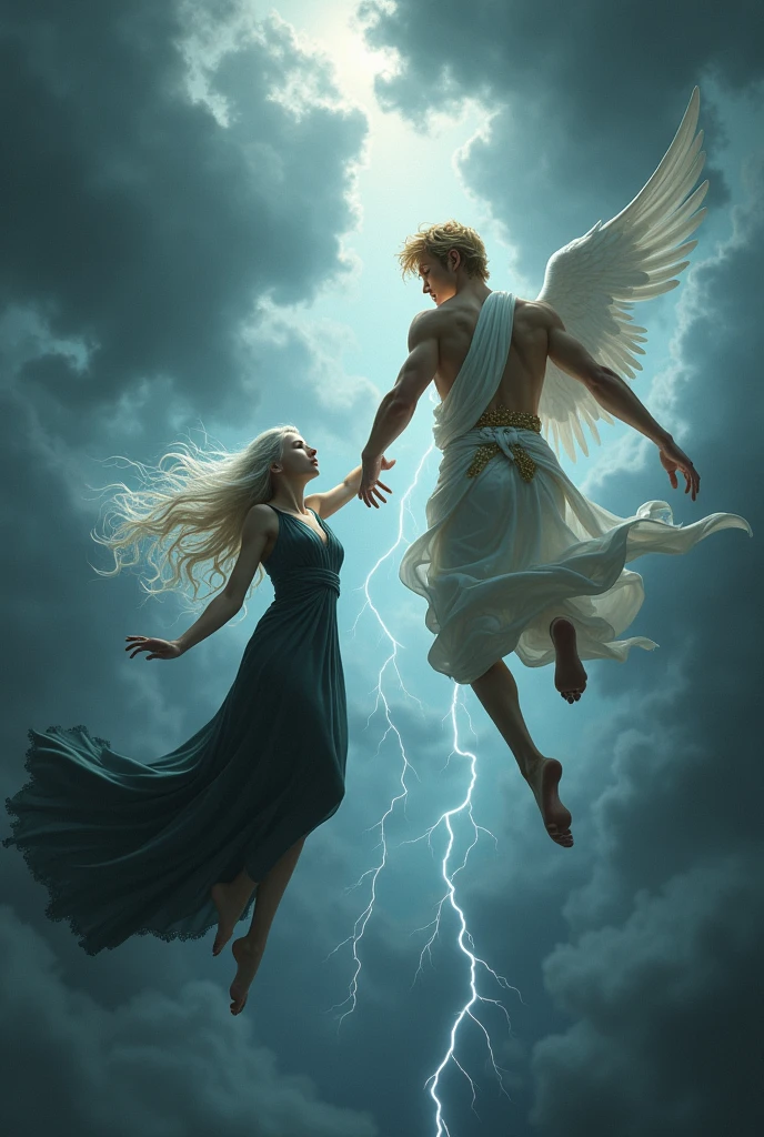 A two gods falling from the Stormy sky and reaching for each other, the girl has grey eyes and white hair while wearing grey with black clothes, and the guy has blonde hair and blue eyes, face like an angel and wearing white toga and gold, he looks young and stunning. He doesn't have a beard he just have a clean look.