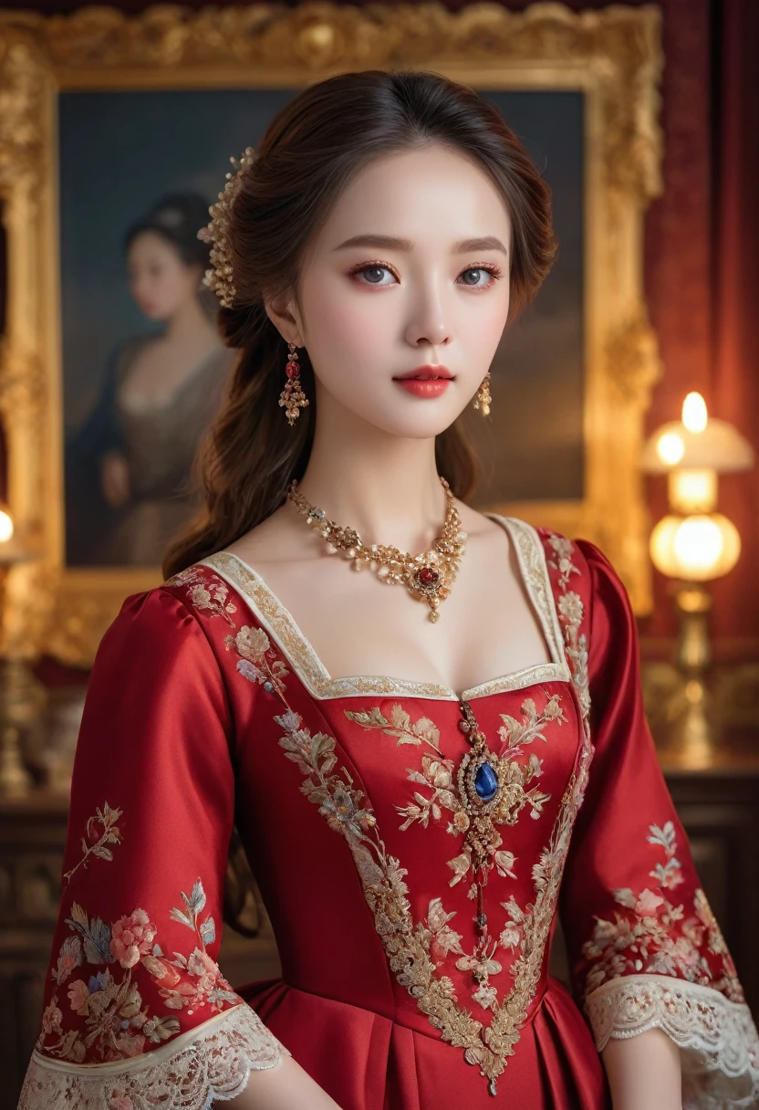 (best quality,4K,8K,high resolution,masterpiece:1.2),Extremely detailed,(Practical,photoPractical,photo-Practical:1.37),portrait,,Pastel,personalized masterpiece,18th century,Russian,noble,girl,noble Daughter,,Extremely beautiful,Face,Has dark blue eyes,Delicate nose,Sweet mouth,Porcelain skin,红扑扑的Face,Flowing long hair,Wine-red silk dress,Elegant Posture,Fine Jewelry,Embroidered lace collar,Grand Background,Rich interior,Faint golden light
